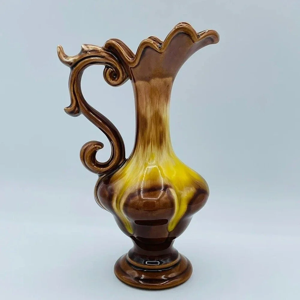 Vintage decorative drip glaze vase small pitcher w/ ruffled rim ornate handle